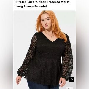 Torrid Black Lace V-neck Smocked Babydoll Blouse
